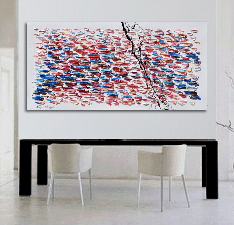 Puede incluir: Pintura abstracta con fondo blanco y una l&iacute;nea negra que recorre el centro. La pintura est&aacute; compuesta por peque&ntilde;as pinceladas de colores en tonos rojos, azules y amarillos.