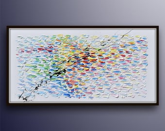 Humming bird 55", Abstract style of beautiful hummingbird, rich colorful oil colors, thick texture, large size, unique art by Koby Feldmos