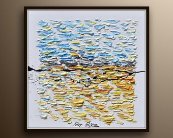 Crossing Elephants 35" - Special composition, original oil painting on canvas, thick oil paint layers, abstract painting by Koby Feldmos