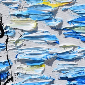 May include: Abstract painting with thick brushstrokes in shades of blue, white, and yellow. The paint is applied in a layered and textured style, creating a dynamic and energetic composition.