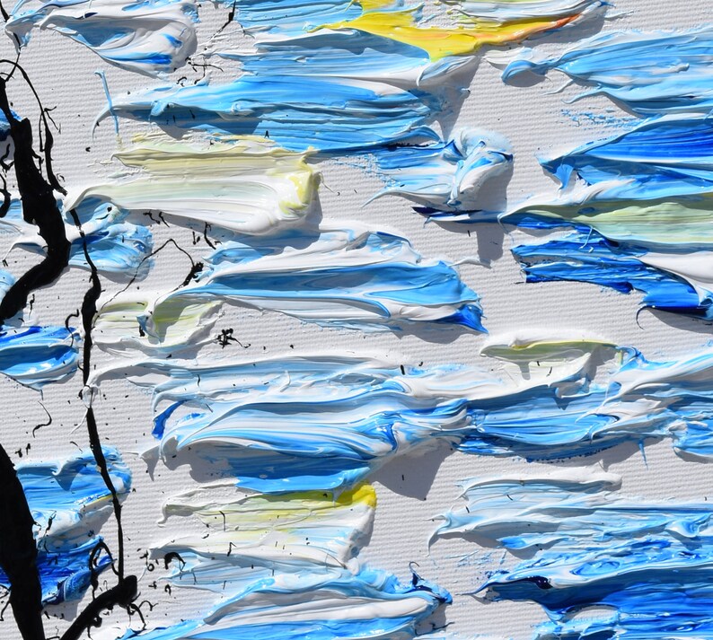 May include: Abstract painting with thick brushstrokes in shades of blue, white, and yellow. The paint is applied in a layered and textured style, creating a dynamic and energetic composition.