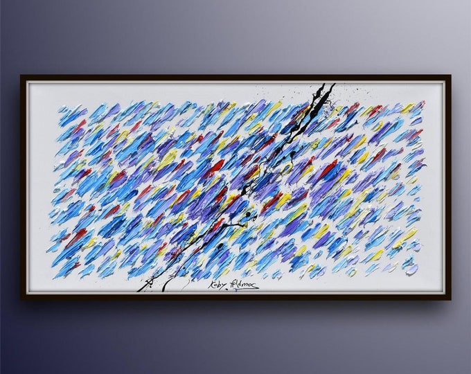 Extremely beautiful 55", painting, abstract art on canvas, bright violet hues with yellow, relaxing composition, by Koby Feldmos