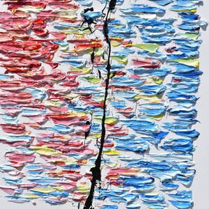 May include: Abstract painting with a black line dividing the canvas in half. The left side is painted in shades of pink, red, yellow, and blue. The right side is painted in shades of blue, white, and yellow. The artist's signature, "Toby Feldmos", is in the bottom right corner.