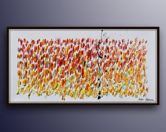 Abstract flames 55" - oil on canvas, strong yellow & red colors of burning flames, rich texture, abstract art, large canvas by Koby Feldmos