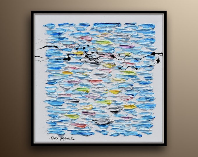 Swimming Koi Fish 35" original oil painting on canvas, thick texture, beautiful composition, relaxing blue shades, Handmade by Koby Feldmos