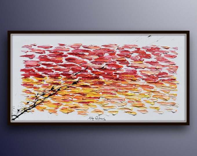 New Abstract painting 55" Sunset over the sea, beautiful relaxing warm colors, thick oil paint texture, modern artwork by Koby Feldmos