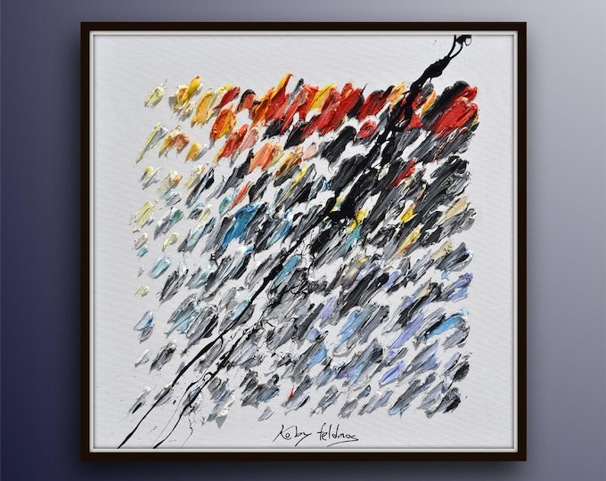 Abstract art 35", black white and red, thick oil paint layers, beautiful square composition, handmade canvas by Koby Feldmos