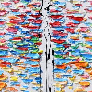 Puede incluir: Pintura abstracta con fondo blanco y pinceladas coloridas en tonos de rojo, azul, amarillo, verde y naranja. Las pinceladas son gruesas y texturizadas, creando una composici&oacute;n din&aacute;mica y en&eacute;rgica.