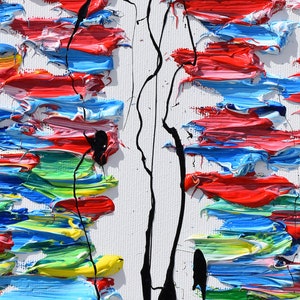 Puede incluir: Pintura abstracta con pinceladas gruesas y coloridas en tonos de rojo, azul, verde y amarillo. El fondo es blanco con l&iacute;neas negras que corren verticalmente.