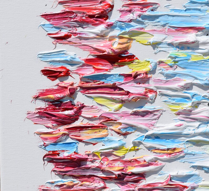 May include: Abstract painting with thick, textured brushstrokes in shades of pink, red, blue, yellow, and white.