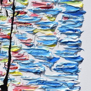 May include: Abstract painting with thick brushstrokes in shades of blue, white, yellow, pink, and red. The painting has a textured surface and a modern style.