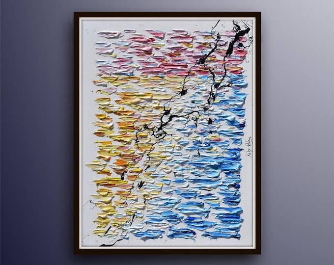 Abstract Art 40", original handmade oil painting on canvas, yellow blue pink, beautiful rich texture, by artist Koby Feldmos