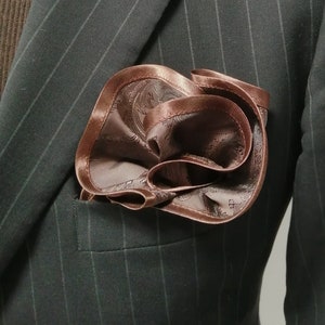 Paisley Round Pocket Square: Brown Edge Border, Grooms Hanky