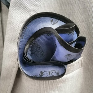 Handmade Linen Blend Pocket Square: Round Blue Hanky with Black Satin Border