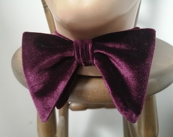 Oversized Burgundy Velvet Bow tie, Custom Grooms Self tie, Butterfly Bowtie