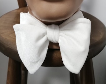 Oversized White Velvet Bow Tie, Custom Self-Tie, Formal Grooms Necktie