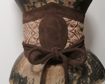 Wildleder Obi Gürtel: Brauner Jacquard Wrap Taillenmieder