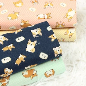 Ovelha de Papel - Desenho de um lindo cão Welsh Corgi com bolinhas em tecido de algodão grosso | Tecidos com estampas de animais e cães de estimação | Tecidos de algodão e linho faça você mesmo