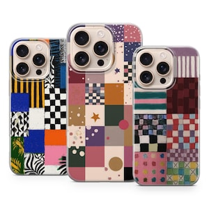 Abstract Patchwork iPhone Case, Retro Checkerboard Phone Cover, Eclectic Collage Art