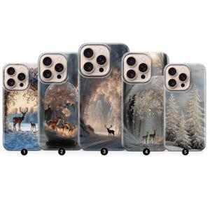 May include: Five phone cases featuring winter scenes with deer. Case 1 shows deer in a snowy forest. Case 2 and 4 display deer inside illuminated snow globes. Case 3 depicts a deer on a snowy path. Case 5 shows snow-covered pine trees.