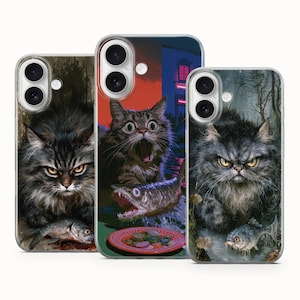 May include: Three smartphone cases featuring detailed illustrations of cats. The left case shows a dark cat with a fish, the centre case depicts a surprised cat with a fish and a plate, and the right case displays a grumpy cat with a fish in water.