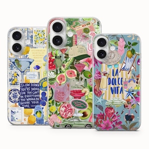 Puede incluir: Tres fundas de teléfono con diseños coloridos. Una funda presenta una copa de martini y el texto "SLOW DOWN YOU'RE DOING FINE". Otra tiene una rana, higos y el texto "Extra Dirty". La tercera funda dice "LA DOLCE VITA".