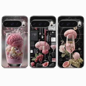 May include: Three phone cases with unique designs. One features a brain in a glass with candy and glasses. Another has a brain with kitchen utensils and berries. The third case shows a brain in a wine glass with flowers and fruit.