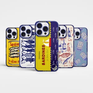 Retro Sardine Can Phone Case, Nautical Yellow and Blue Design Cover for iPhone16Pro Max,15,14Plus, 13mini, S25Ultra,S24Fe,A56,A55,A36,A15