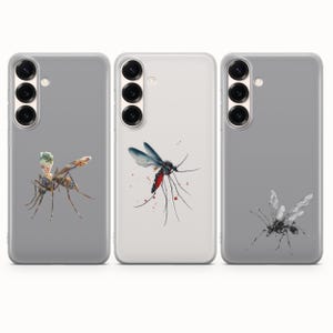 May include: Three smartphone cases featuring insect illustrations. The left case has a mosquito with currency-patterned wings. The center case displays a mosquito with red and black markings. The right case shows a black and white sketch of a mosquito.