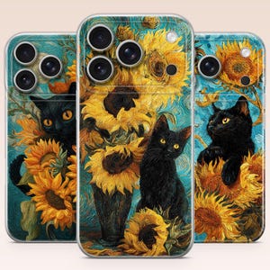 May include: Three clear phone cases featuring a vibrant, textured art print of black cats nestled among bright yellow sunflowers against a swirling blue background. The design mimics an oil painting style with visible brushstrokes and rich colors.