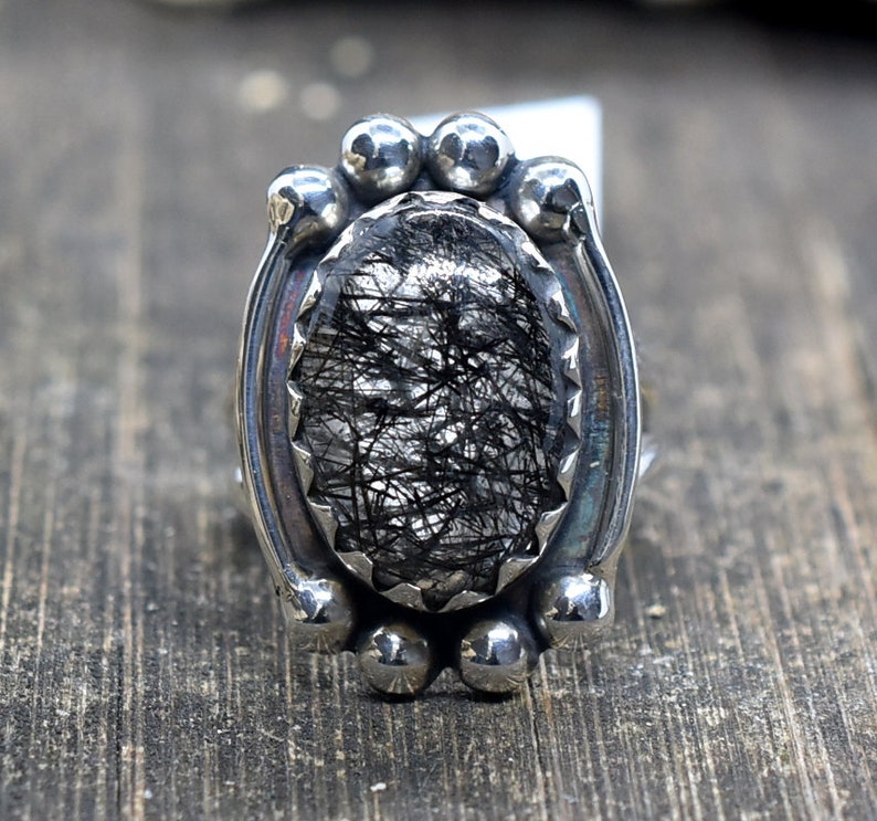 Handmade Ring Woman Ring,Gift Ring Statement Ring Black rutile Size 9 US Sterling Silver Ring Birthstone Ring Code HR9 Fashion Ring