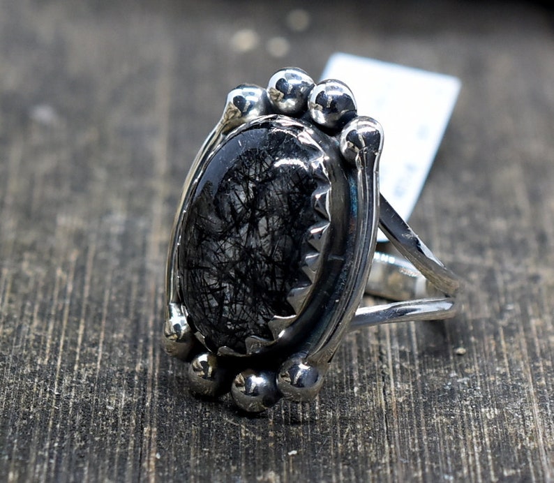 Handmade Ring Woman Ring,Gift Ring Statement Ring Black rutile Size 9 US Sterling Silver Ring Birthstone Ring Code HR9 Fashion Ring