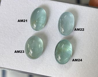 Op de afbeelding: Vier ovale, lichtblauwe edelstenen worden getoond in een doorzichtige plastic container. Elke steen heeft een uniek intern patroon en is gelabeld met de tekst "AM21", "AM22", "AM23" en "AM24".