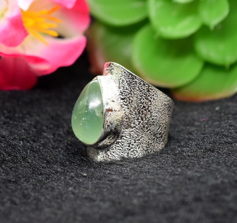 Handmade Ring Statement Ring Birthstone Ring Adjustable Ring Prehnite Size 7 +US Silver Ring Big Silver Band Ring,Cabochon Ring