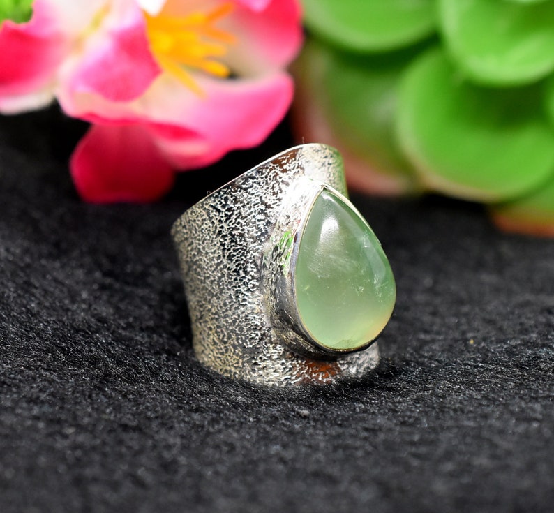 Handmade Ring Statement Ring Birthstone Ring Adjustable Ring Prehnite Size 7 +US Silver Ring Big Silver Band Ring,Cabochon Ring