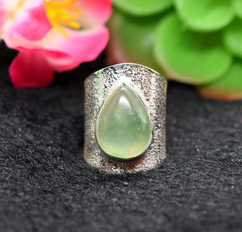 Handmade Ring Statement Ring Birthstone Ring Adjustable Ring Prehnite Size 7 +US Silver Ring Big Silver Band Ring,Cabochon Ring