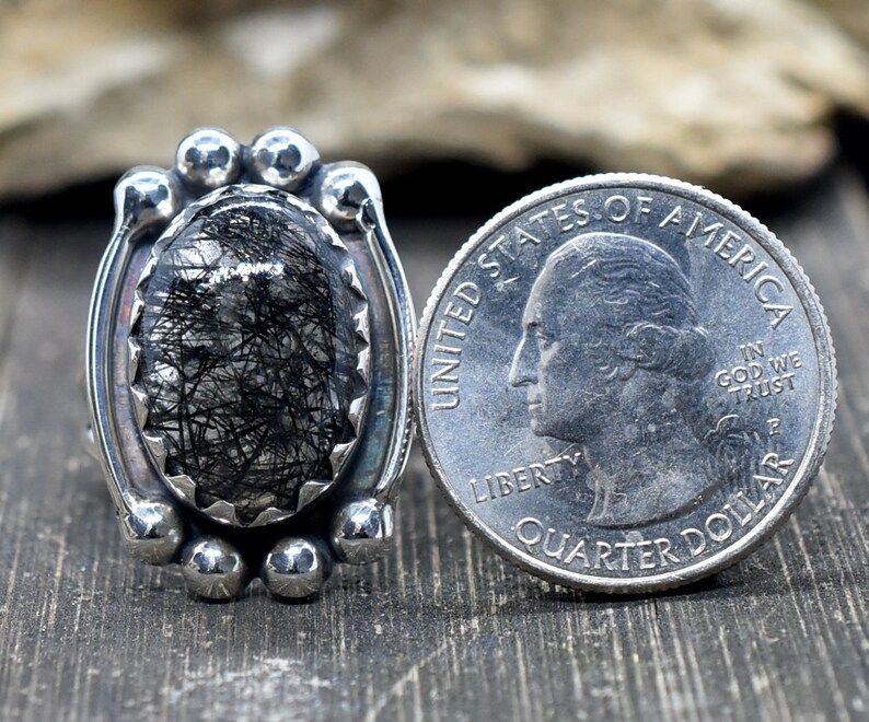 Handmade Ring Woman Ring,Gift Ring Statement Ring Black rutile Size 9 US Sterling Silver Ring Birthstone Ring Code HR9 Fashion Ring