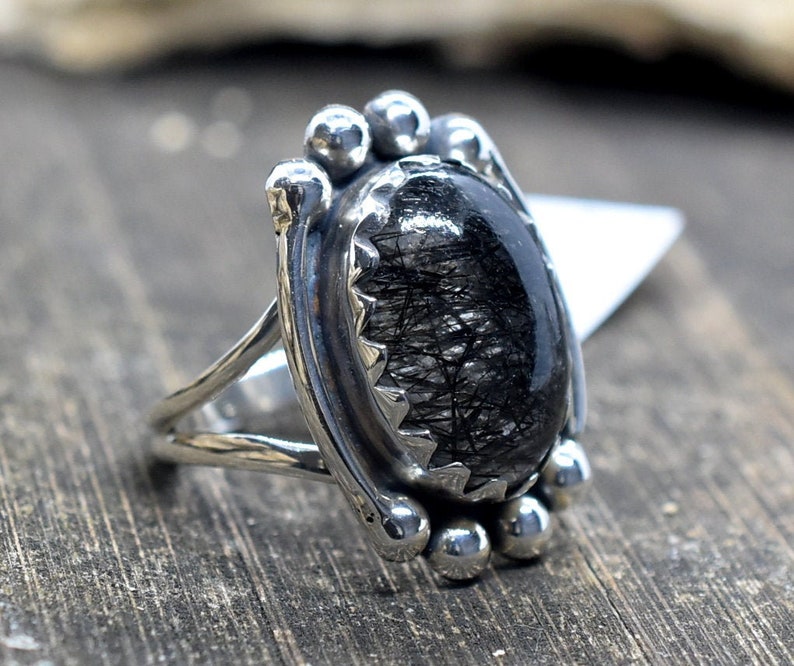Handmade Ring Woman Ring,Gift Ring Statement Ring Black rutile Size 9 US Sterling Silver Ring Birthstone Ring Code HR9 Fashion Ring