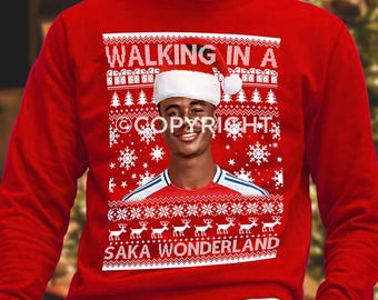 Bukayo Saka Walking in A Saka Wonderland Arsenal Red Christmas Jumper | Kids & Adults Sizes | Great Gift For Gunners Fans  Printed In The UK