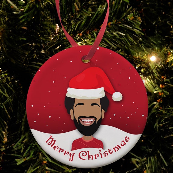 Mo Salah Liverpool Ceramic Christmas Tree Decoration Bauble Santa Hat