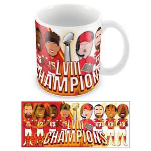 Kansas City LVIII Champions 2023- 2024 Vector Heroes Printed Mug Cup Mahomes, Kelce, Reid etc Unofficial Chiefs Kingdom Choice Of Designs