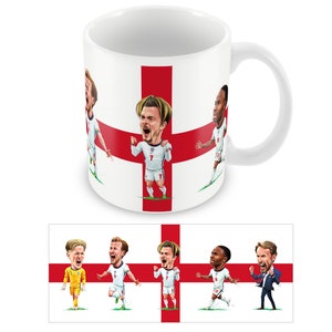 England Football Caricature Mug Cup Euros Kane Southgate Grealish Pickford Sterling