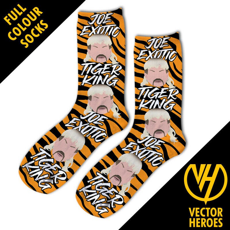 Image of Joe Exotic Tiger King Vector Hero Full Colour Socks 3 Sizes Unofficial Stripes