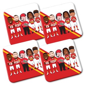 Chiefs 2024-25 Pack Of 4 Coasters Vector Heroes American Football Reid Kelce Etc Great Kansas City Fans Gift