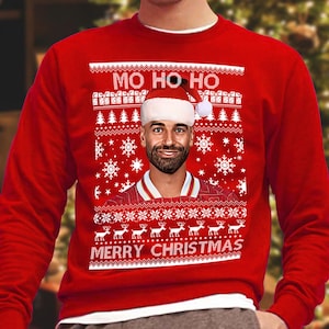 Mo Ho Ho Frohe Weihnachten Mo Salah Rote Weihnachtspullover | Kinder & Erwachsene Größen | Tolles Geschenk für Sterling Fans | Gedruckt in Großbritannien