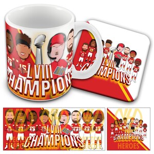Kansas City Champions LVIII LV111 2023-24 Vector Heroes Printed Mug & Coaster Set Mahomes Kelce Reid etc Unofficial Chiefs Kingdom