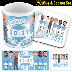 City Champions of England 2021 Vector Hero Printed Mug & Coaster Set Manchester Man Foden Pep Aguero etc Great Christmas Gift