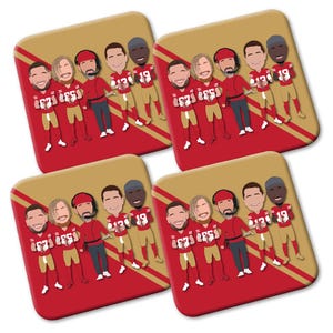49ers 2024-25 Pack Of 4 Coasters Vector Heroes American Football Purdy Kittle Bosa Etc Great San Francisco Fans Gift