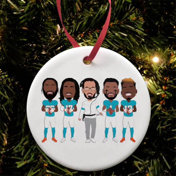 Dolphins 2023-24 Season American Football Vector Heroes Ceramic Christmas Tree Decoration Bauble McDaniel,Hill, Tua, Howard, Waddle Miami