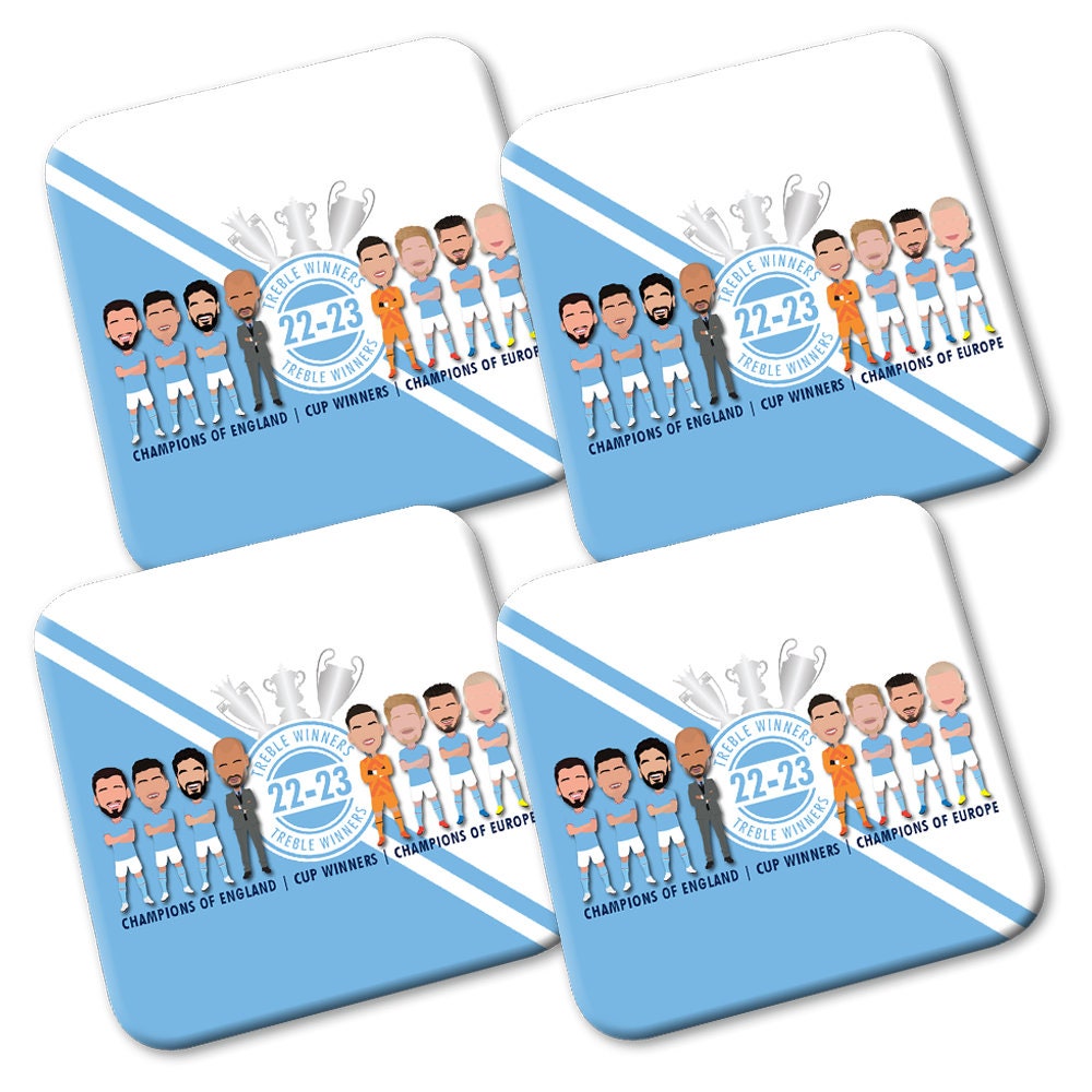 Man City Treble Winners 2023 Printed 4 Pack Of Coasters Vector Heroes Great Gift